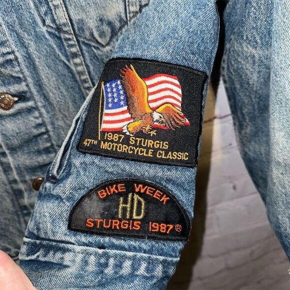 Vintage 80s Levi's Men's Harley Davidson Denim Motorcycle Jacket L with Patches - Picture 8 of 16